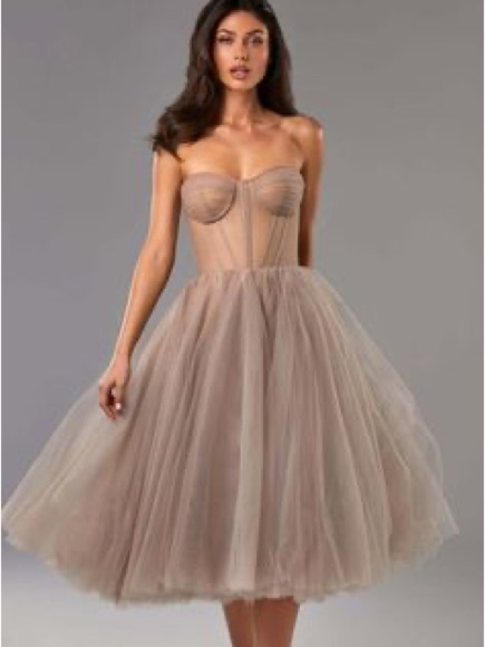 Milla Strapless Tulle Midi Dress in Dusty Mauve